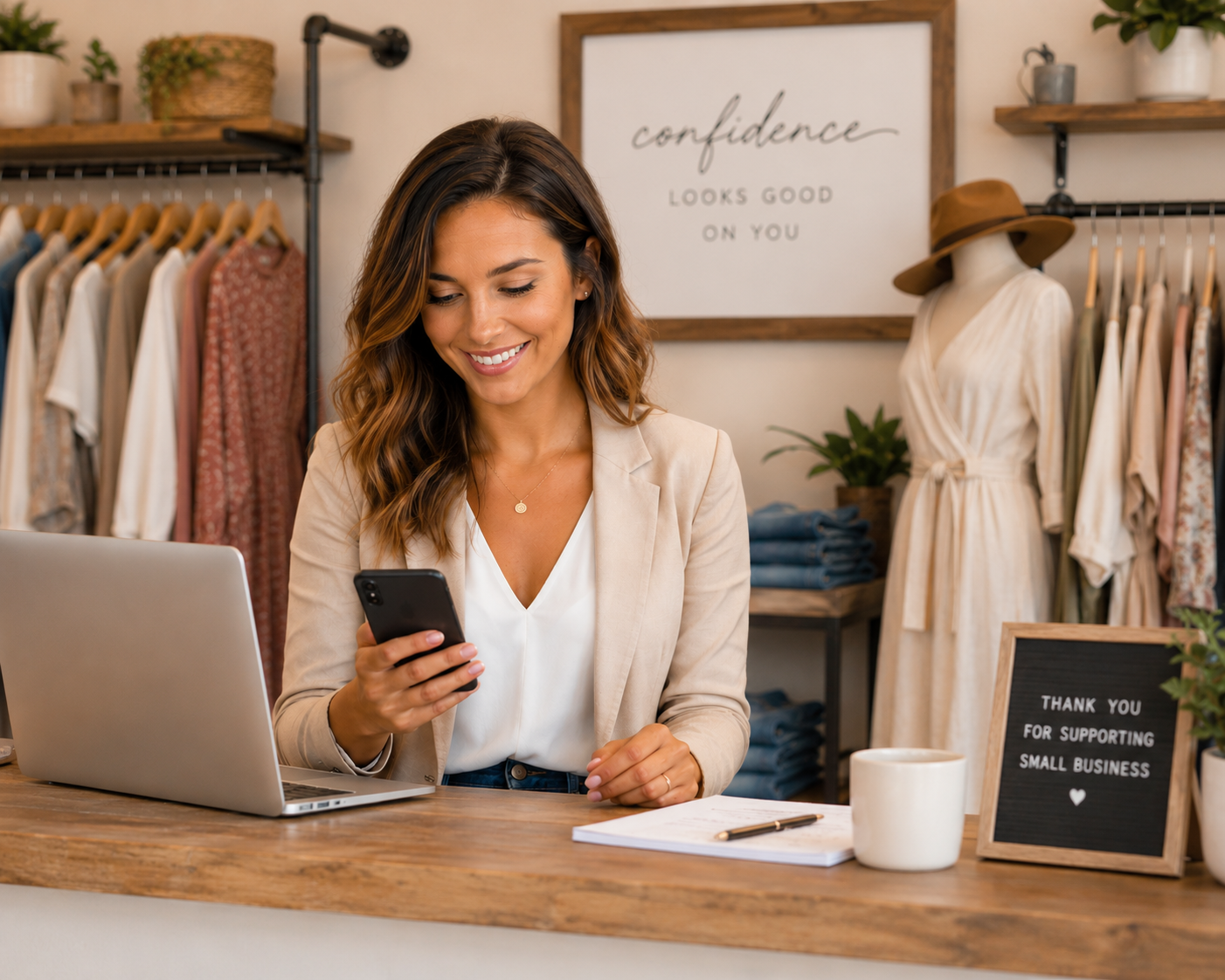 Boutique owner at counter