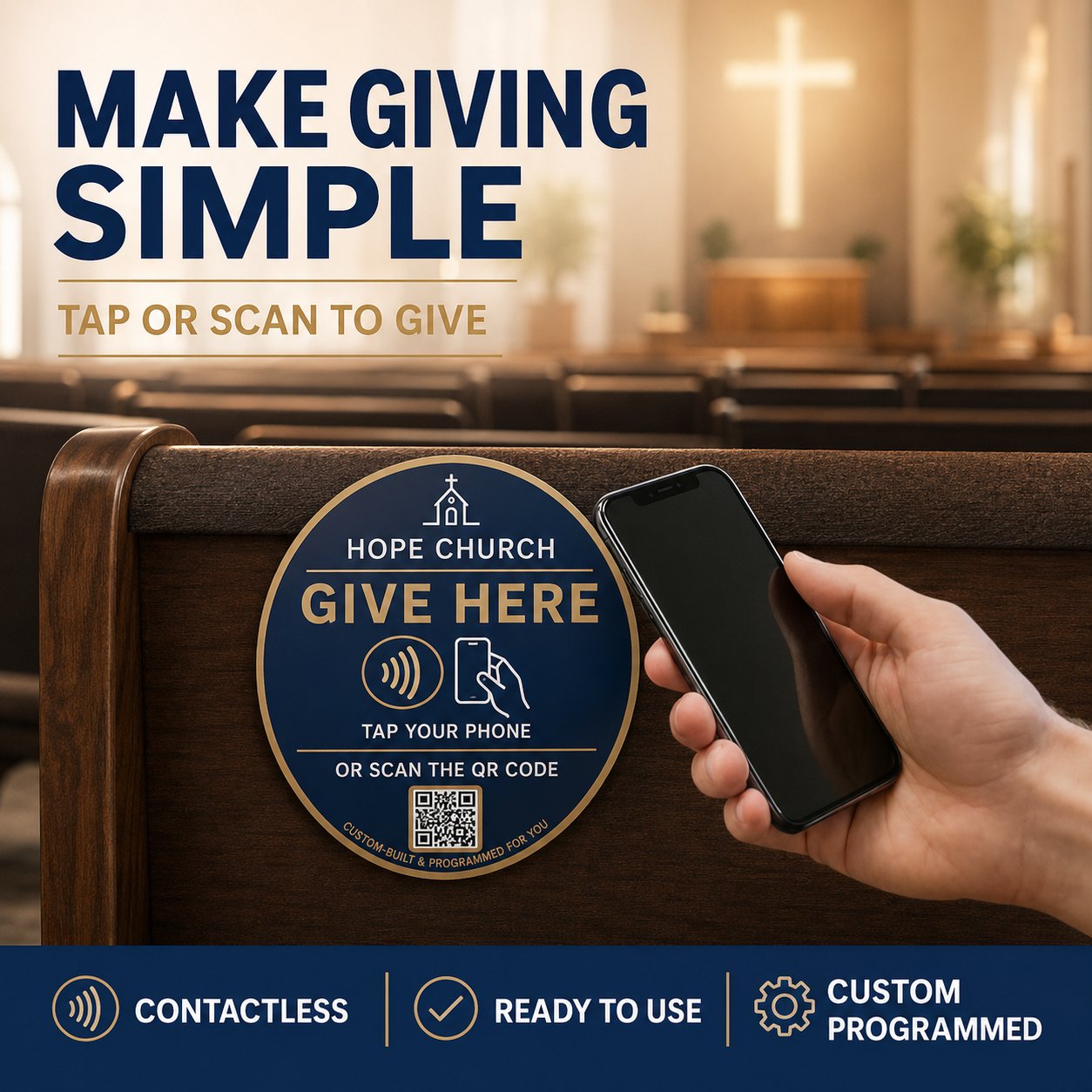 Repliant Arc Target Tap donation plaque for a church — tap or scan to give