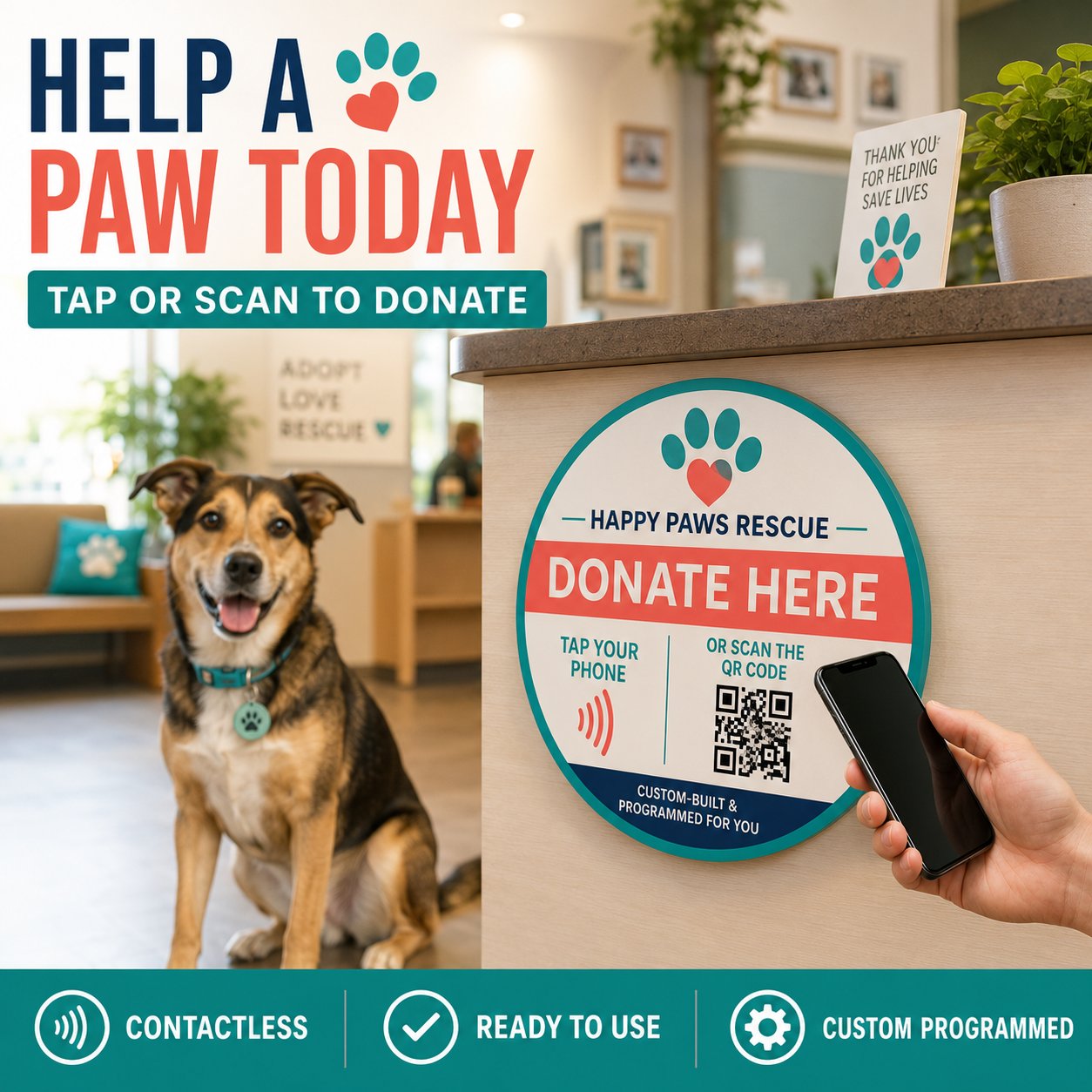 Repliant Arc Target Tap donation plaque for an animal rescue — tap or scan to donate